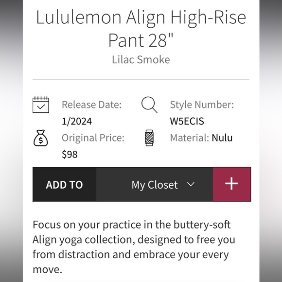 $98 Lululemon Align High-RisePant 28" Lilac Smoke - Picture 6 of 11